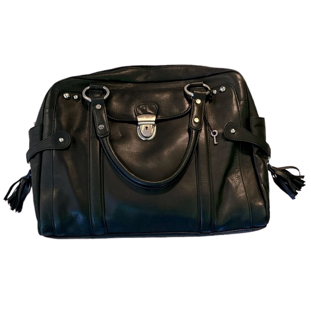 Vintage Danier Genuine Leather Black Laptop/ Work Bag with Tassels| Size Large
